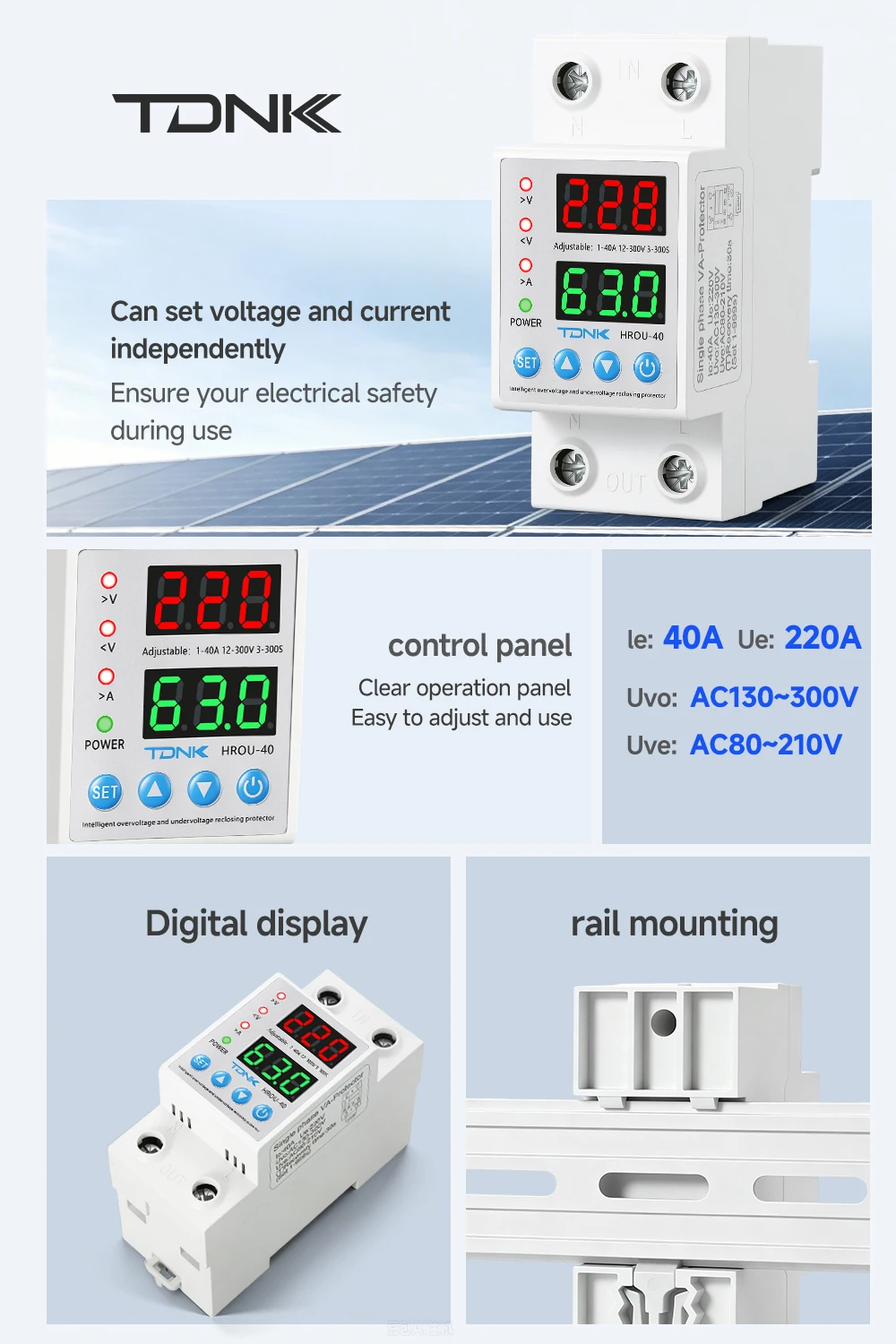 TDNK 40A 63A 110/220V Einstellbarer Über- und Unterspannungsschutz DIN-Schiene mit Digitalanzeige Spannungs- und Stromschutzrelais – Detail 2