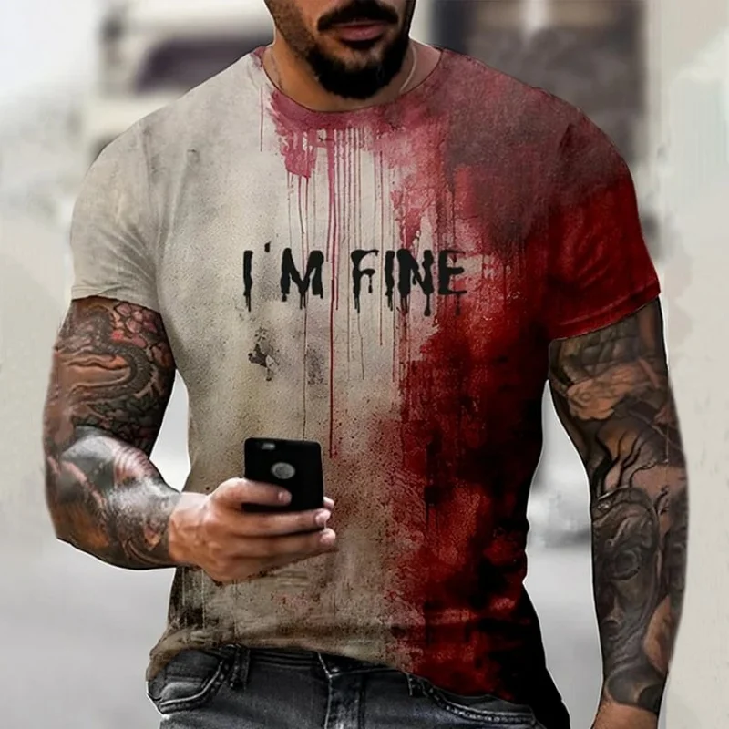 Vintage Men Bloody I'm Fine Halloween 3D Printed T-shirt Casual Fashion Street O Collar Short-sleeved Top