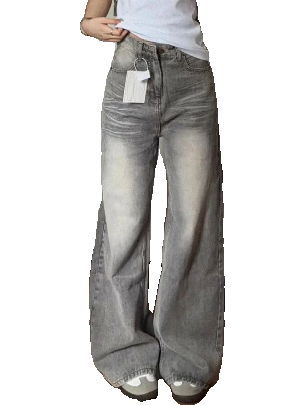 Calças Jeans Femininas de Estilo Retrô Americano, Jeans Desgastados, Corte Reto, Perna Larga, Longas, Primavera Verão, Novo, Efeito Emagrecimento