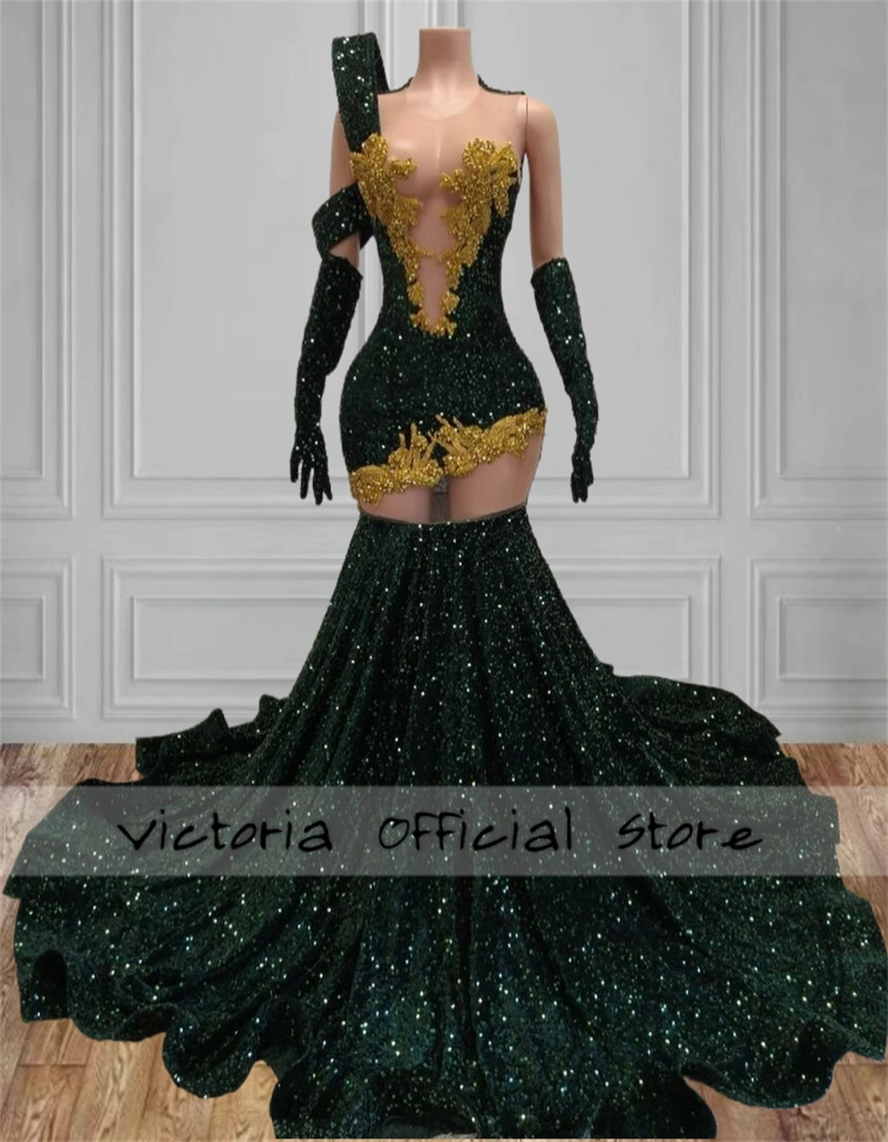 Dazzling Dark Green Sequin Prom Dresses Luxury Black Girls 2025 Gold Crystal Beading Birthday Party Gowns With Gloves Customized