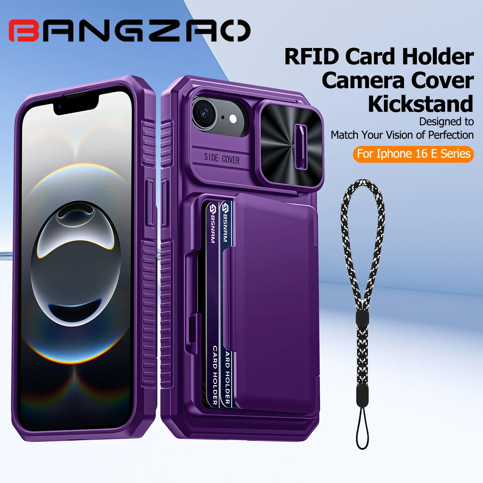 

for iPhone 16 E Case,Cards Holder,Camera Cover,Full Body Rugged Shockproof Silicone Protective Phone Case-Purple