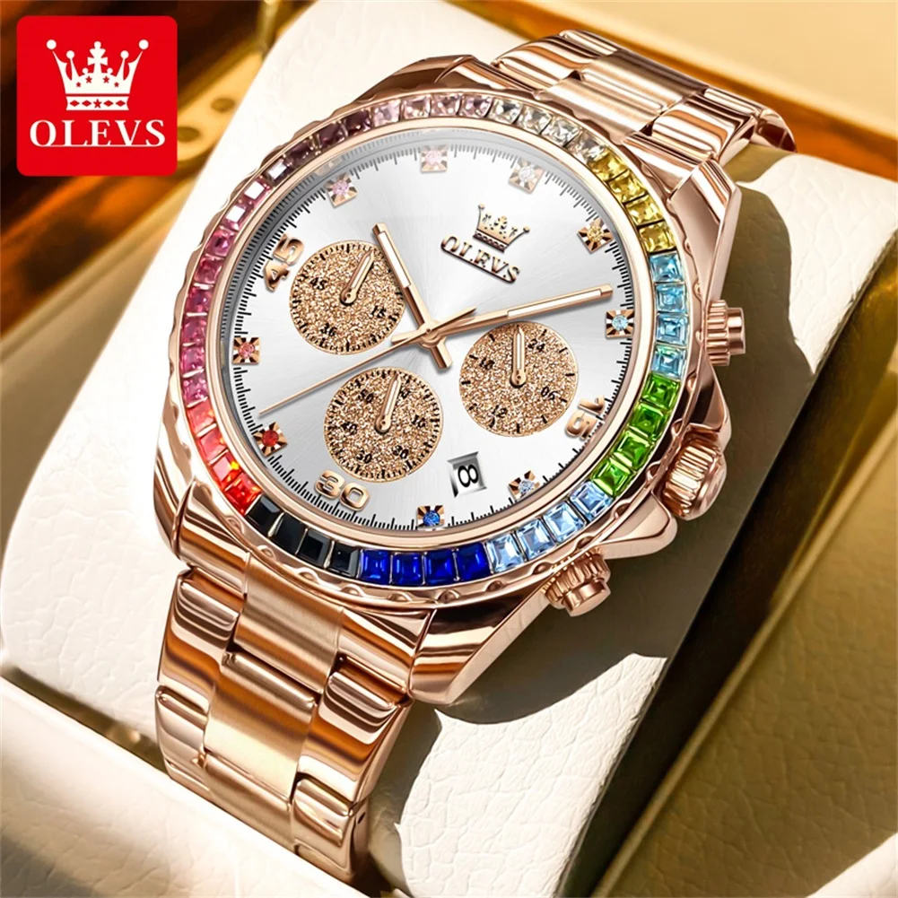 

OLEVS NEW Watch Men Colored Diamond Bezel High Quality Stainless steel Waterproof Luxury Date Multifunctional Wristwatch Man