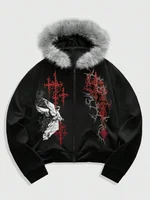 Sudadera con capucha negra con cremallera para mujer 2026, con ribete de piel gris, detalle de estampado de ángel y espina, estilo oversize Y2K, chaqueta streetwear cyber goth