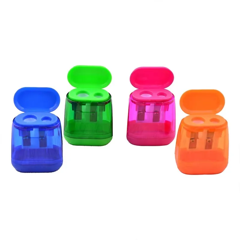 New 1pc Student Plastic Color Transparent Pencil Sharpener Geometric Double Hole Sketch Pencil Sharpener Manual Pencil Sharpener