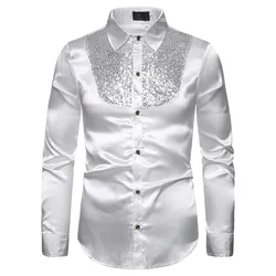 #4663 Long Sleeve Shirt Men Split Joint Sequins Night Club Mens Shirts Turn-down Collar Dress Shirt Black Gold White Blue Red