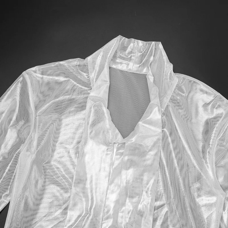 Women Sexy Silky Mesh 2 Piece Set Ribbons Deep V Neck Long Sleeve Shirts Tops + Skinny Knee Length Pants Night Clubwear Suits