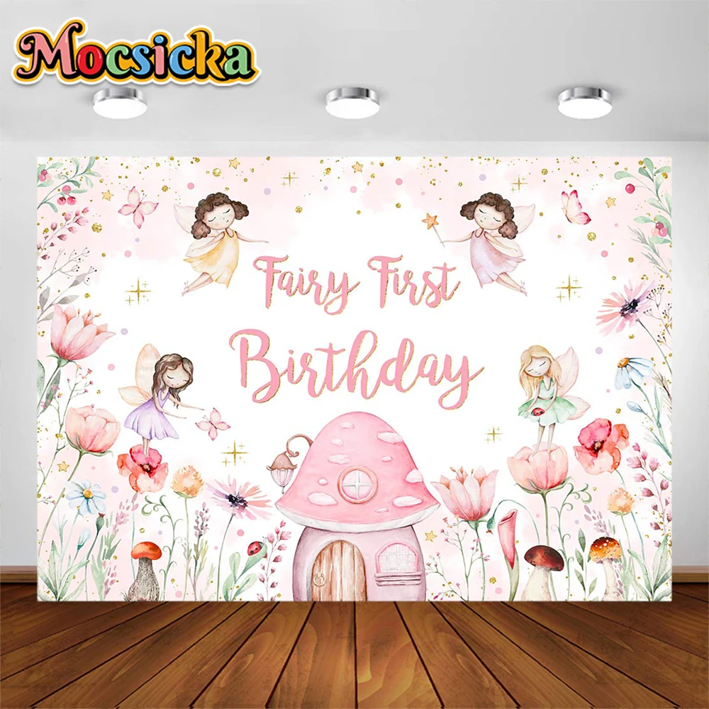 

Mocsicka Birthday Backdrop Mushroom House Butterfly Fairy Tale Girl 1st Birthday Party Photo Background Decor Banner Custom