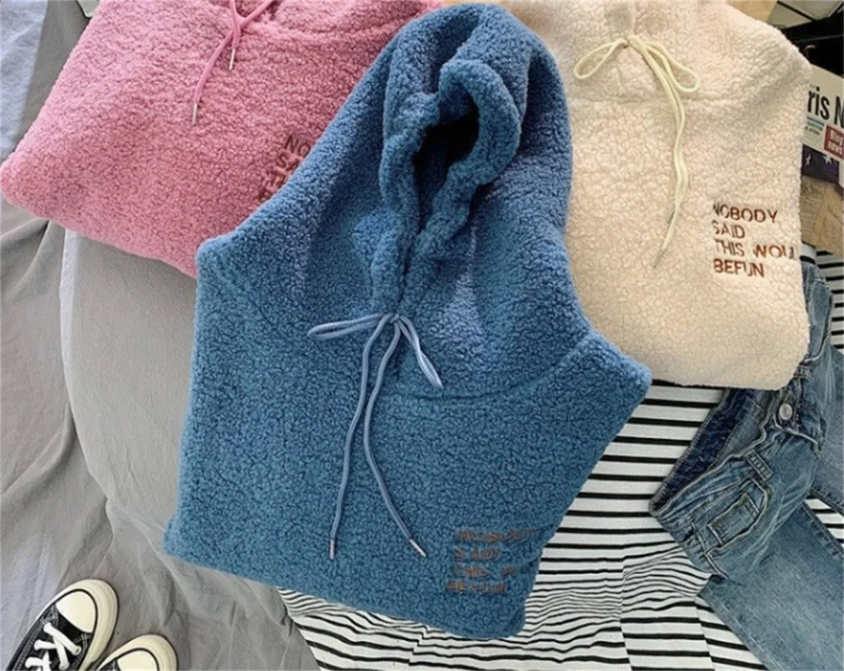 Damska bluza z kapturem na jesień i zimę, koreański luźny krój, gładka, z literami, długi rękaw, ciepły strój, bluza z kapturem, damska, codzienna, streetwear