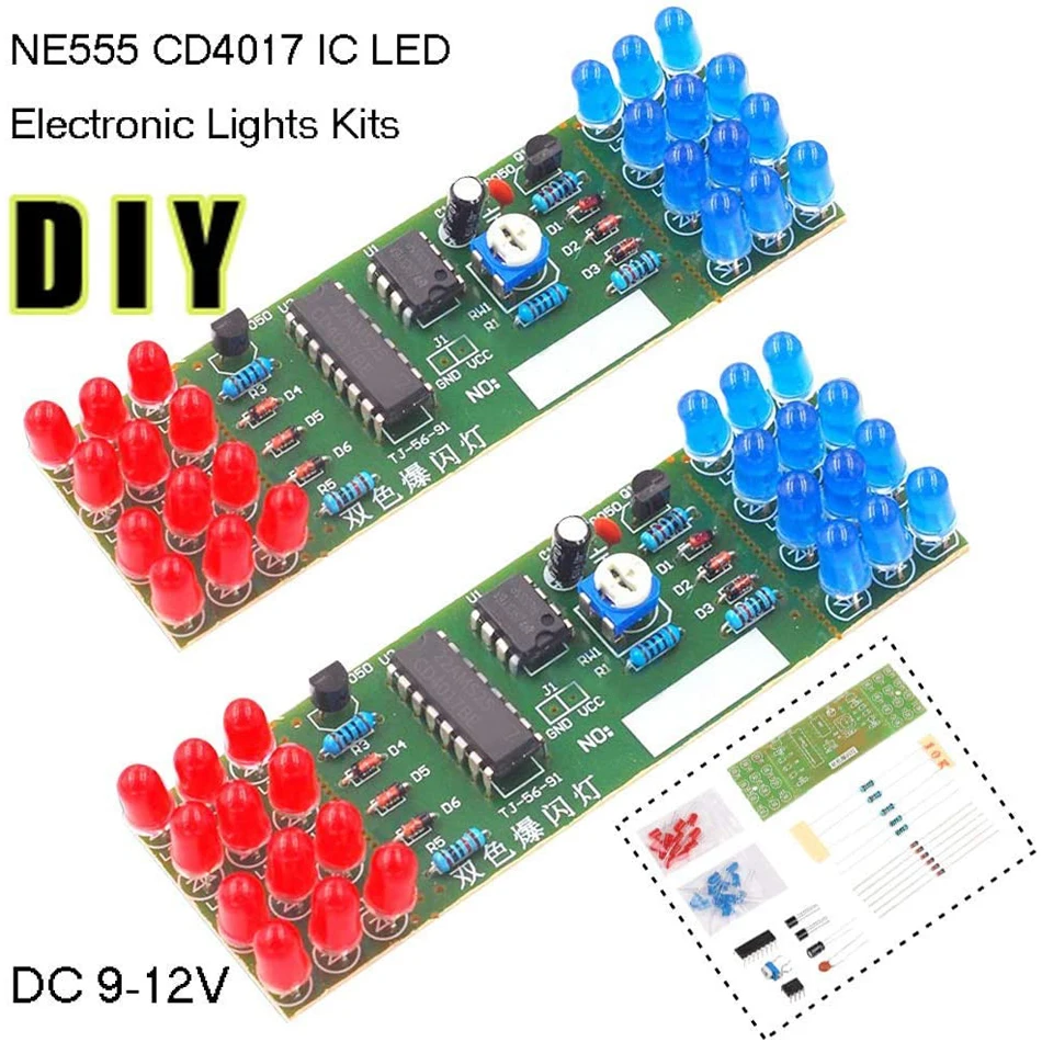 NE555 CD4017 IC LED DIY Electronic Lights Kit Red Blue Dual-Color DIY Kit Strobe Electronic Suit Flashing Lights Components