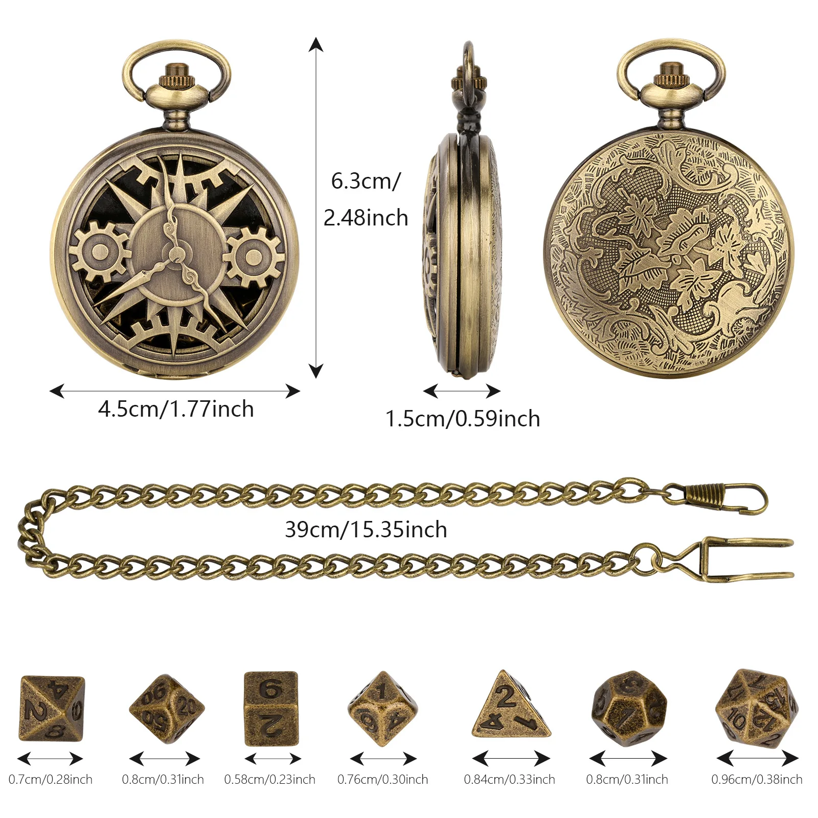 7 Stuks Dnd Dobbelstenen Met Vintage Zakhorloge Hoesjes Voor Dnd Met 39Cm Ketting Holle Klok Gear Pocket Watch Dnd Doce Geschenken Bordspel