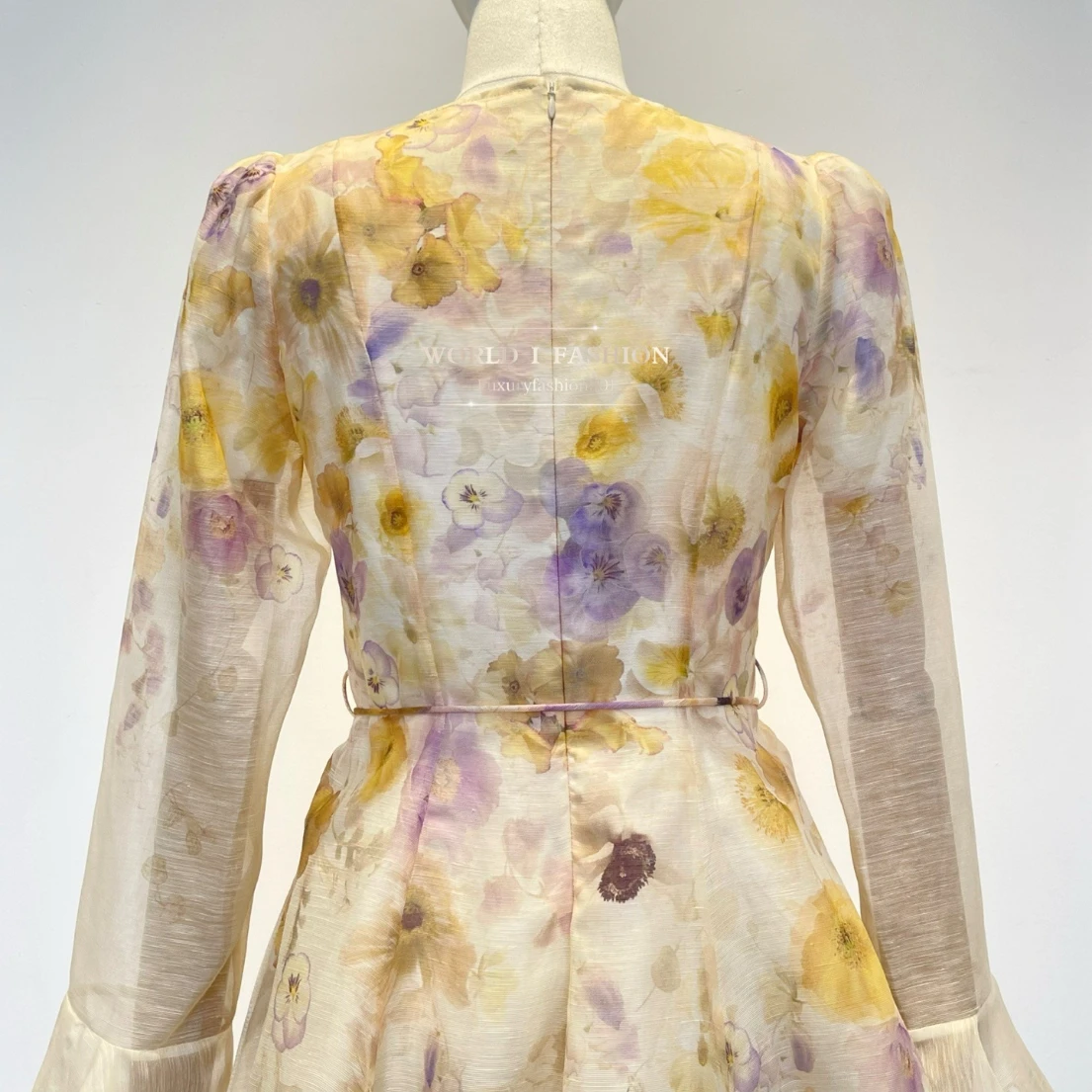 Elegant Woman Clothes New Beige Violet Floral Print Embroidery Long Sleeve V Neck Scallop Midi Dress