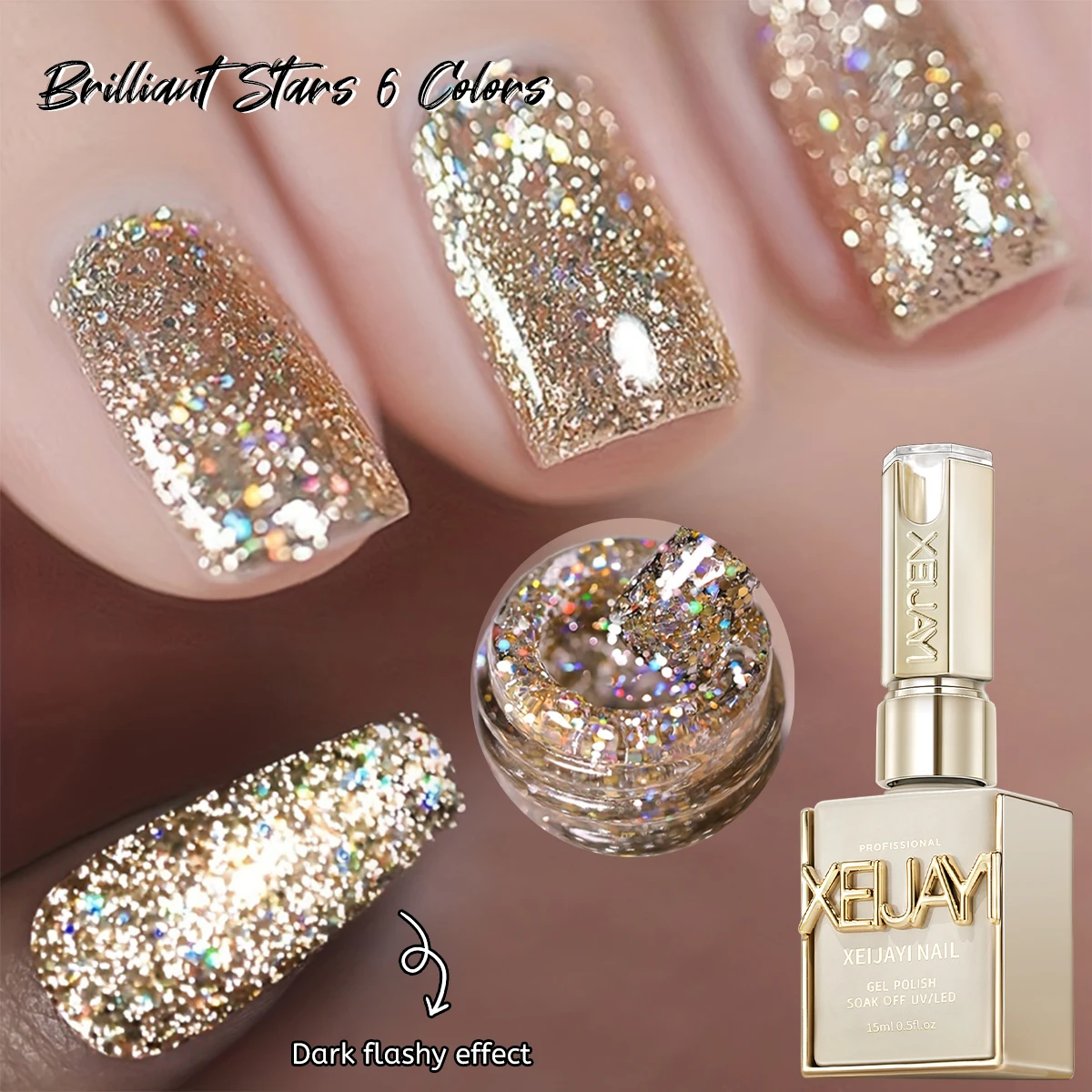 XEIJAYI 6 couleurs 15 ml étoiles brillantes Gel écrasé ensemble de vernis à ongles, UV LED trempage Gel à ongles, semi-permanent, bricolage qualité Salon