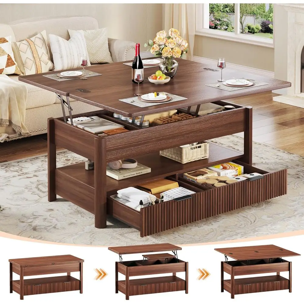 

40 Square Coffee Table with Storage, 2 Drawers, LED Light, Converts to Dining Table, Walnut Finish