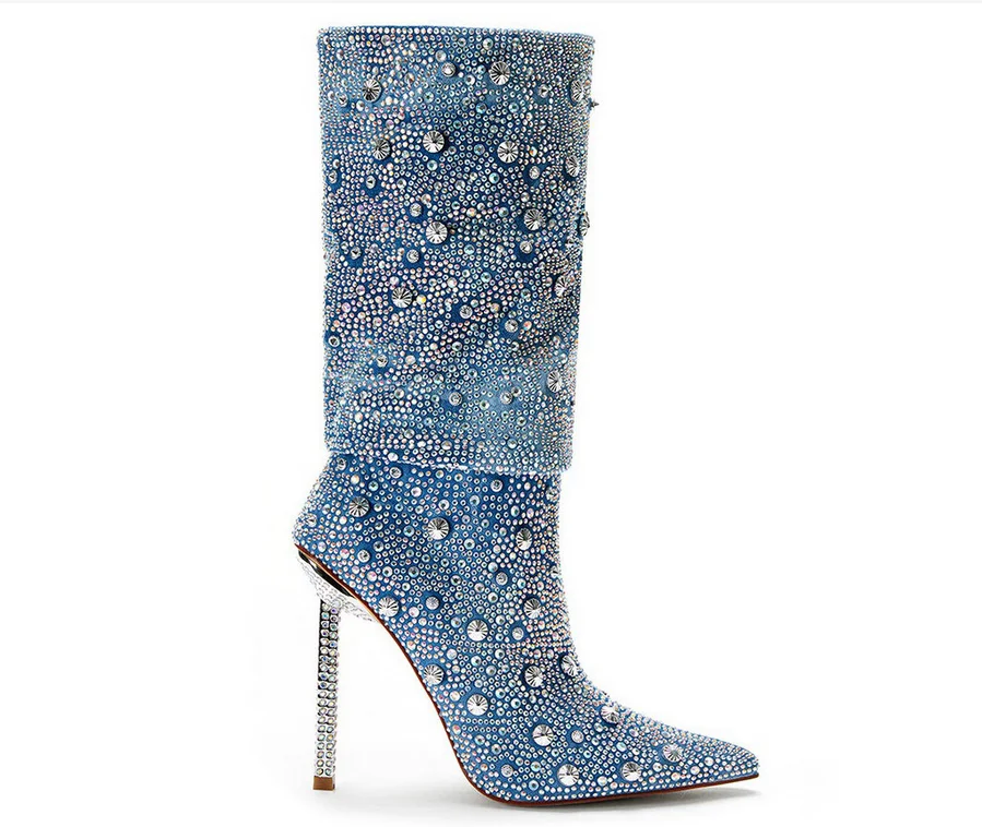 Lady glitter cowboy blue rhinestone calf boots pointed toe denim design heel denim denim sexy dance runway punk boots size 36-44