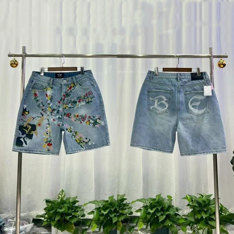 Pantalones cortos vaqueros bordados con pintura de Hip-Hop para hombre, pantalones cortos informales, cómodos y transpirables de cintura alta con bolsillos, ropa de calle