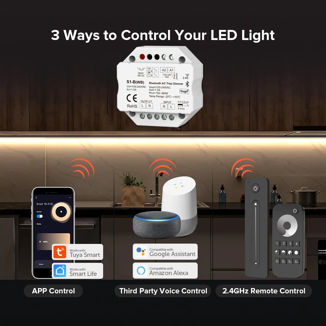التيرستورات التيار المتناوب باهتة مفتاح الإضاءة دفع التحكم سطوع بلوتوث المنزل الذكية مصباح ليد باهتة TUYA APP/صوت/2.4G RF التحكم عن بعد #2