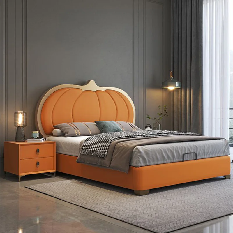 #For Light Luxury Pop Leather Bed Modern King Frame Elegant King Orange Home Hotel Furniture Bed