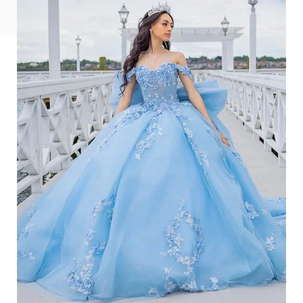 

Небесно-голубое платье Charro Quinceanera, бальное платье с открытыми плечами и аппликациями, мексиканские милые платья 16, 15 Anos по индивидуальному заказу