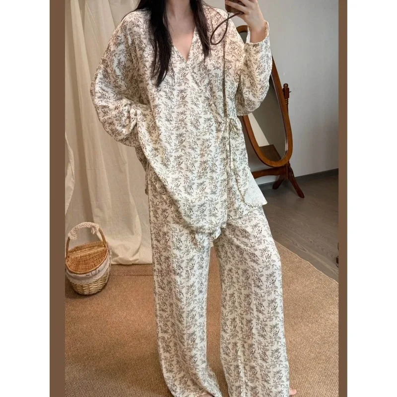 New Fresh Small Floral Side-Tie Loose Fit Women's Long Sleeve and Long Pants Thin Pajama Set for Home, Spring and Autumn