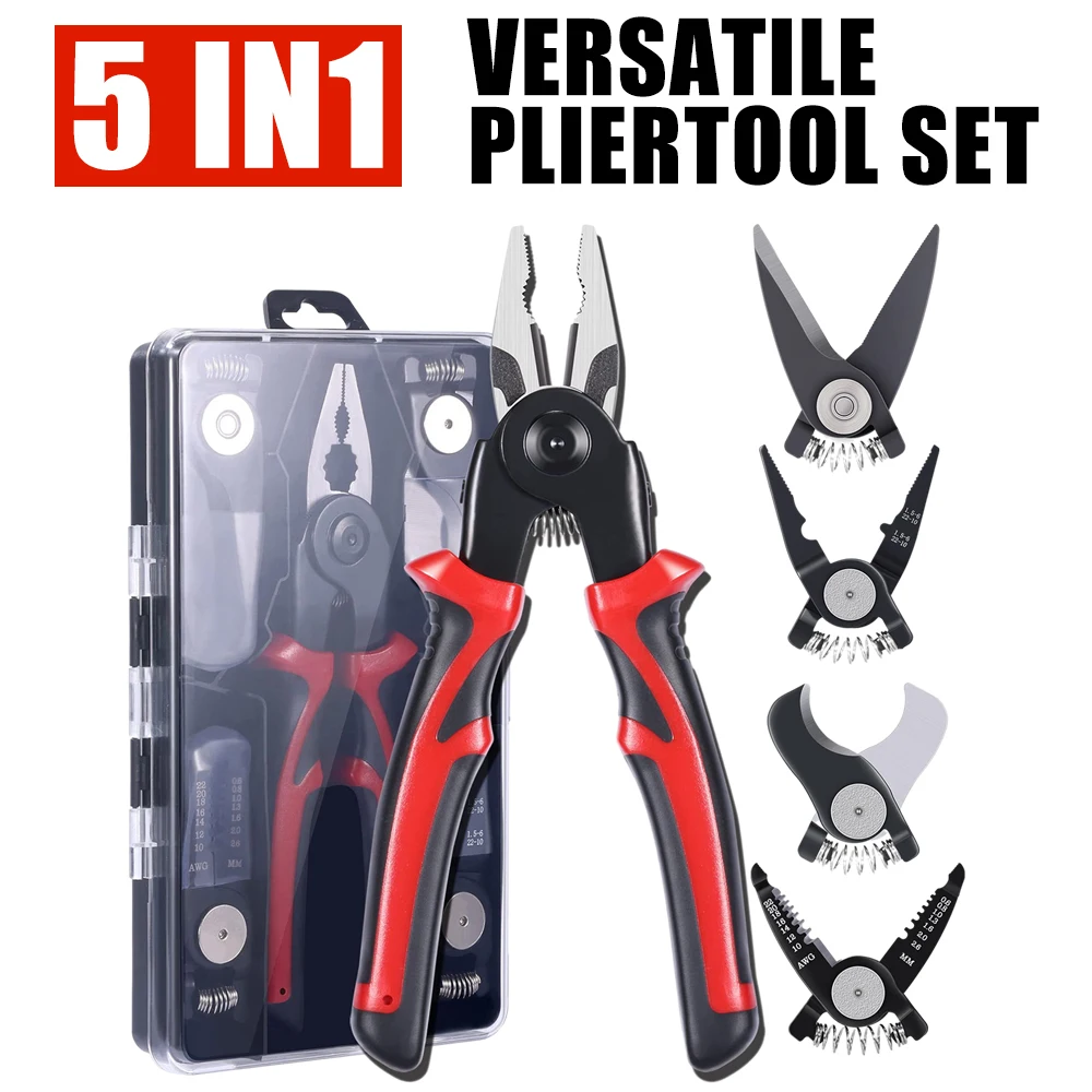 5 in 1 Wire Stripping Pliers Replaceable Cable Wire Stripper Cutter Portable Multifunctional Pliers Non-Slip Handle Hand Tools