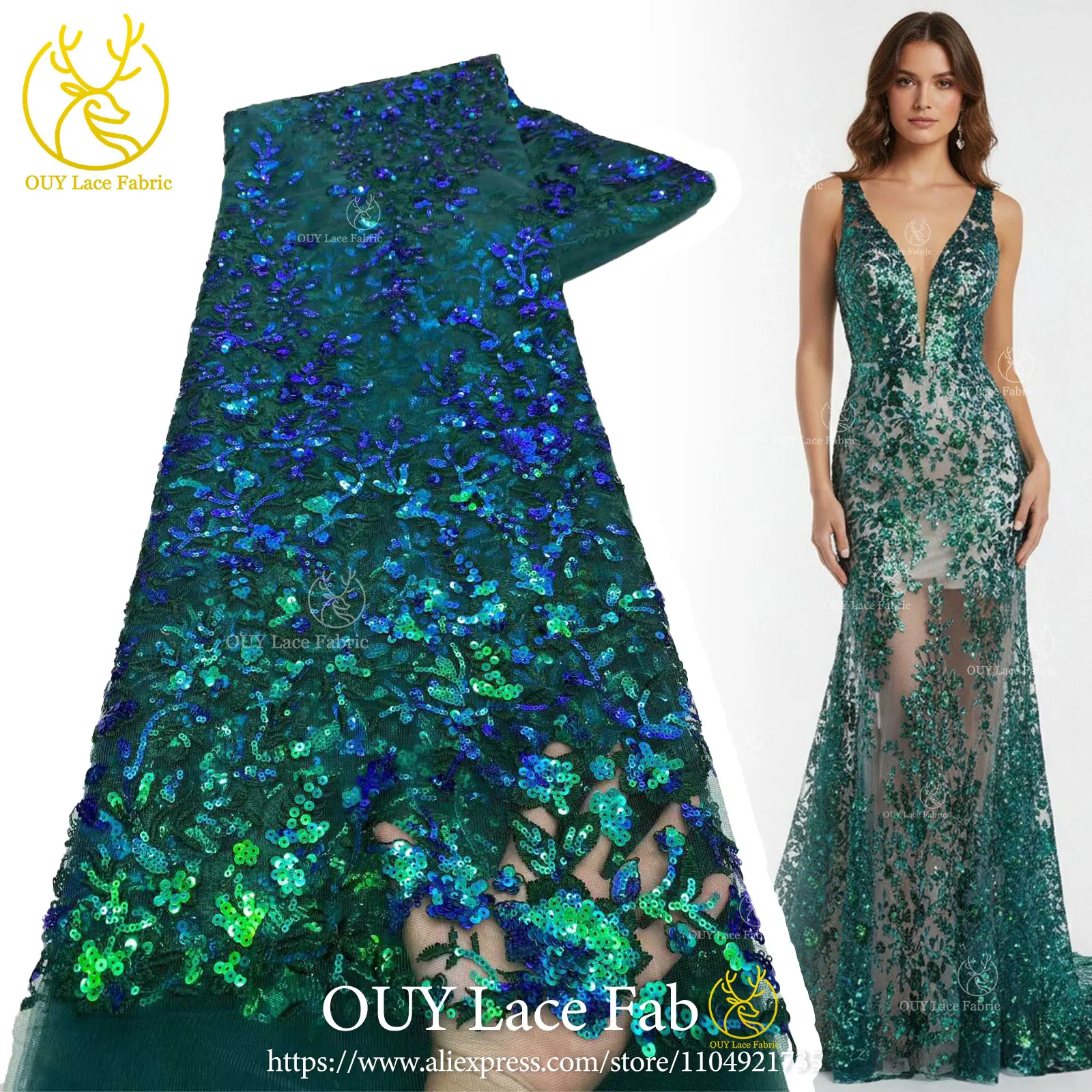Tela de encaje Floral bordado con lentejuelas exquisito azul real 2026 tela de encaje de tul nigeriano para vestidos de fiesta Material de costura