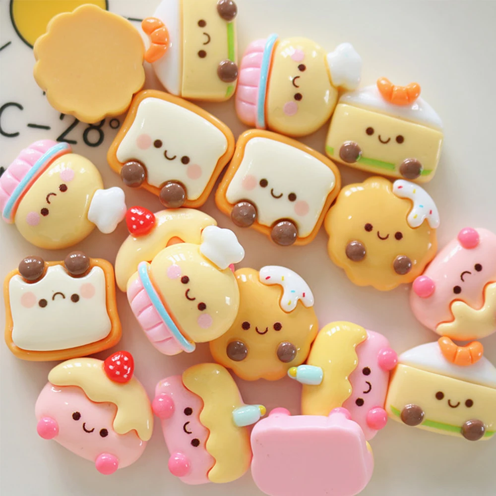 10PCS Shiny Smiling Face Bread Series Resin Flatback Cabochons For Hairpin Scrapbooking DIY Jewelry Craft Decoration Accessories