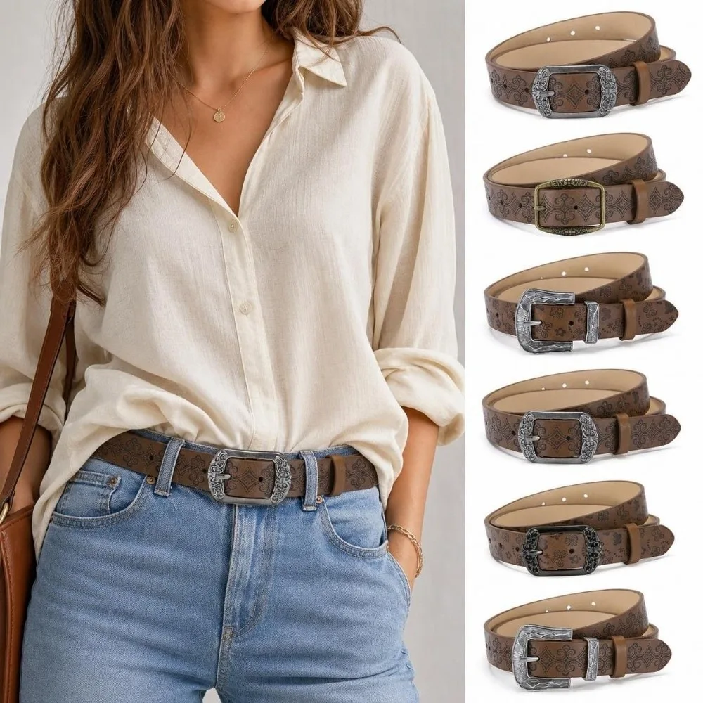 Alloy Pin Buckle PU Leather Belt Carved Antique Metal Buckle Embossed Pattern Waist Belt Faux Leather Western Style