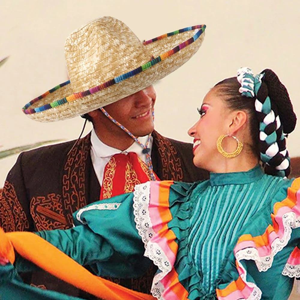 Sombrero Sombrero mexicano tejido de paja ala ancha sombrero para el sol de playa auténtico disfraz mexicano transpirable sombrero de vaquera occidental