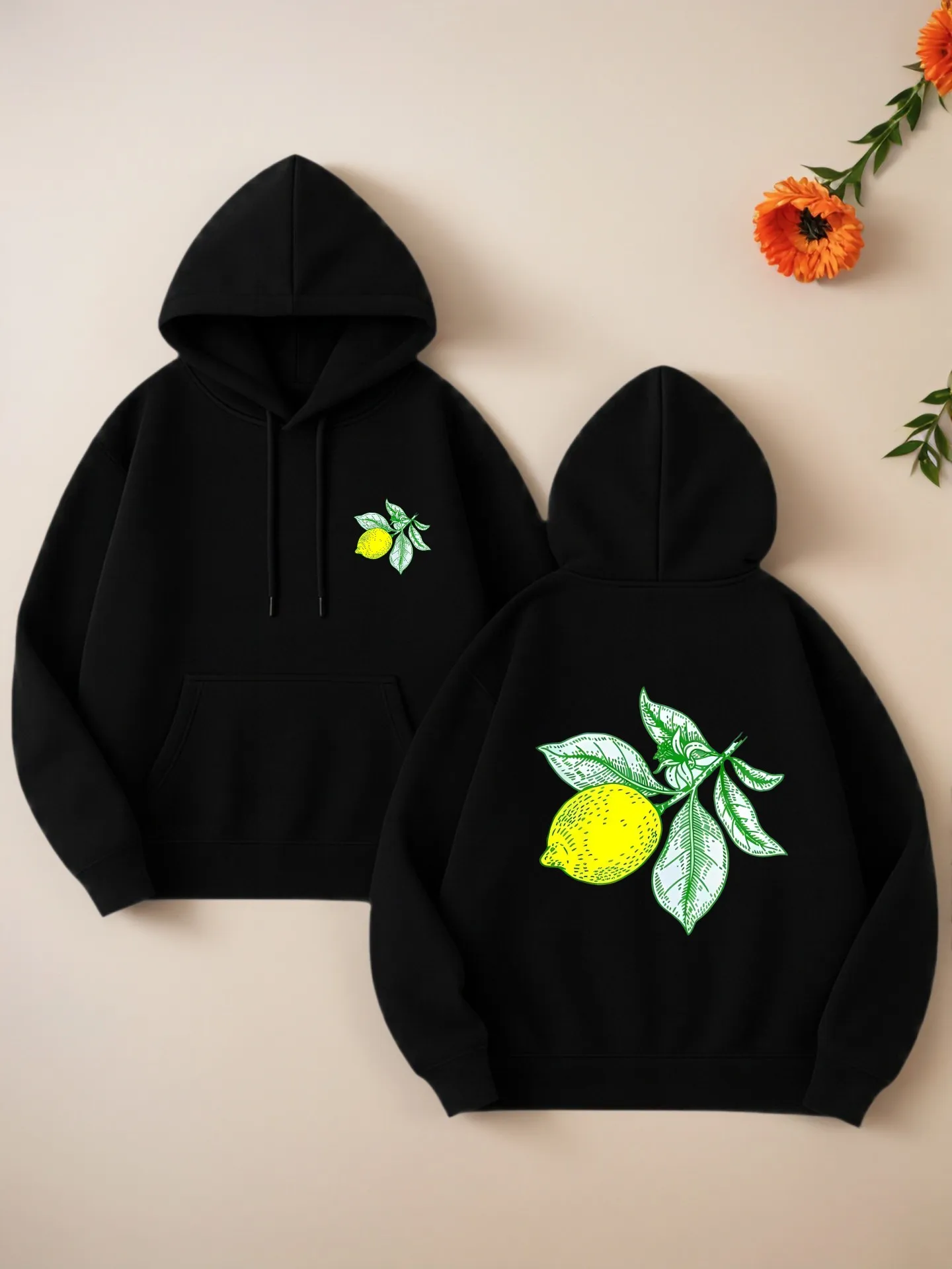 

Lemon Graphic Print Essential Hoodie, Casual Aesthetic Design, Soft Fabric, Spring Outfits Women, For Teens