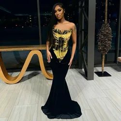 Strapless Gorden & Black Velvet Mermaid Dress Floor Length With Long Train Lace Up Back Evening Dresses Ever Pretty Gowns