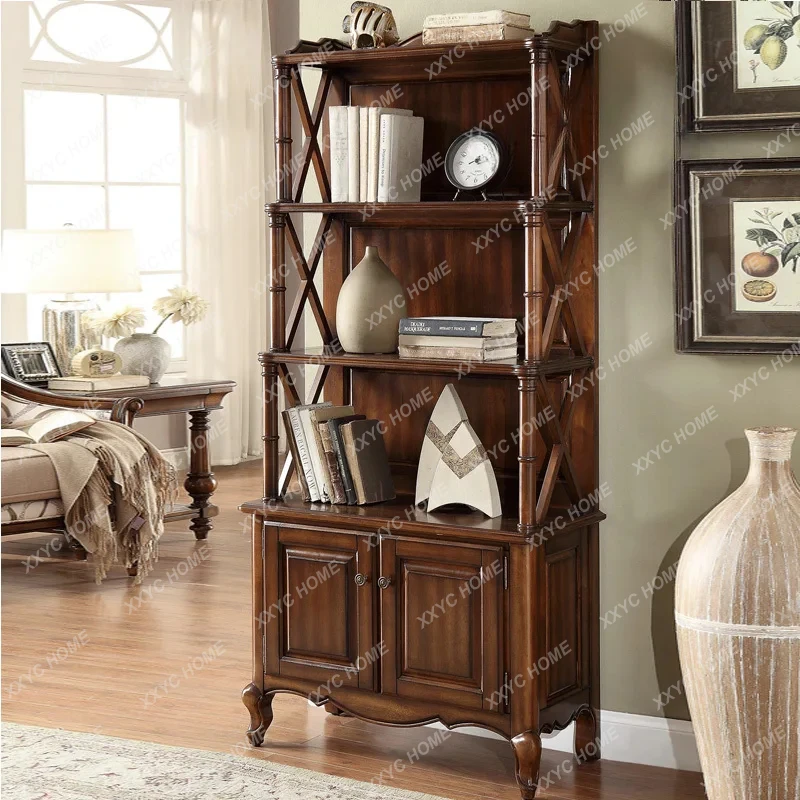 American Country Solid Wood Bookshelf European Simple Floor Multi-Layer Shelf Home Study Curio Cabinet