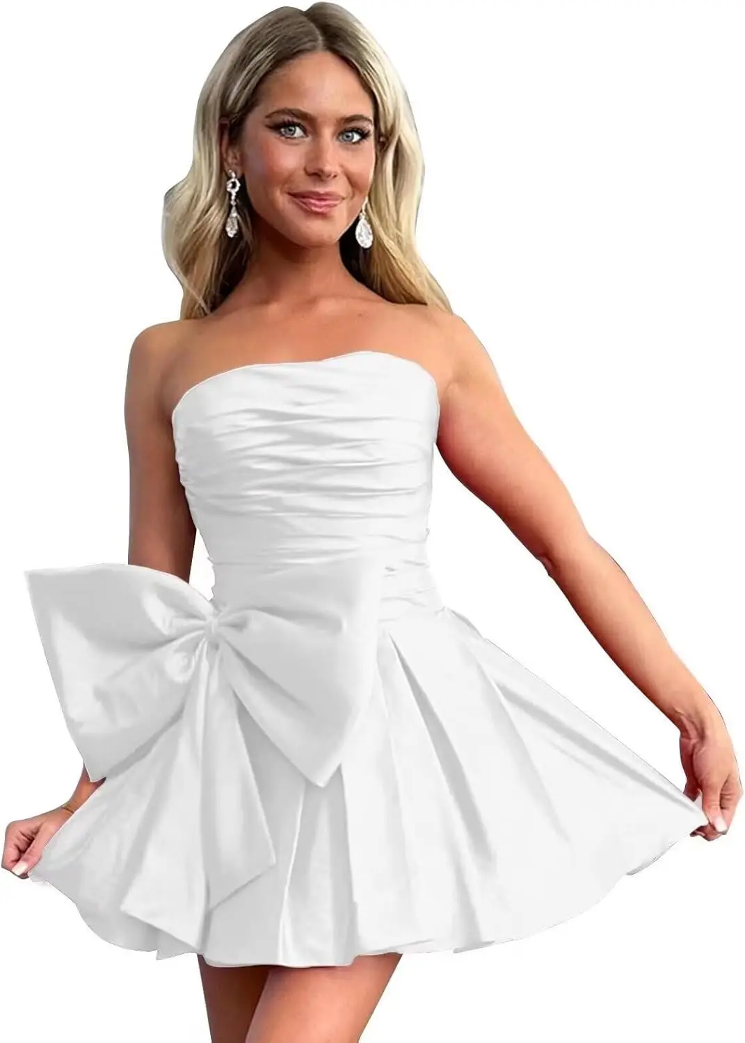 

Короткие платья для встречи выпускников без бретелек для подростков с бантом, атласные платья для выпускного вечера, вечерние коктейльные платья для женщин выше колена, мини