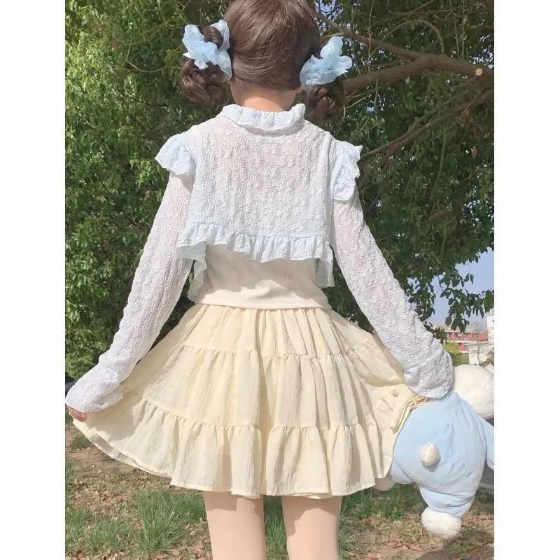 Japanese Kawaii Lolita Thin Sunscreen Cardigan Women Summer Cute V-Neck Ruffles Long Sleeve Lace Sweet Loose Cropped Cardigan