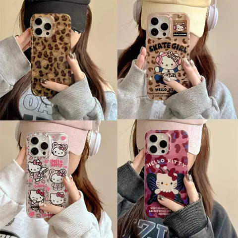 Y2k Sanrios Leopard Hellokitty 전화 케이스 삼성 갤럭시 S25 S24 S23 S22 S21 FE 울트라 플러스 4G 5G 깃털 질감 뒷면 커버