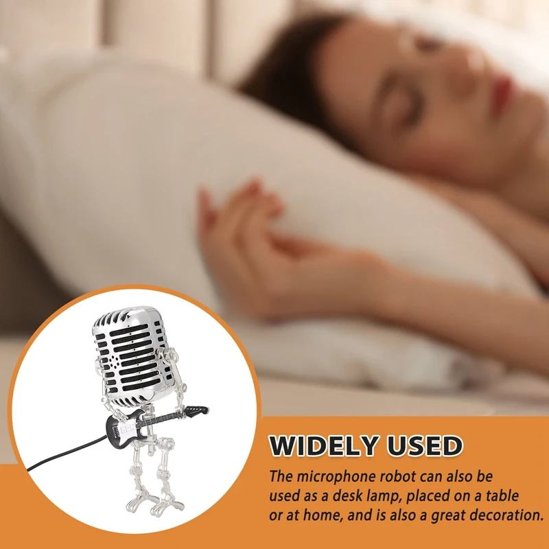 ABKO-Mic Robot,Retro Style Microphone Robot Table Lamp,Holding Guitare Night Light,Vintage Microphone Robot Desk Lamp