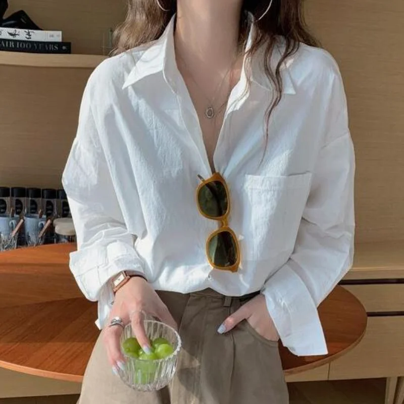 

Fashion Women's White Cotton Shirt Jacket Long Sleeve Spring Summer New Design Sense Niche Korean Style Women's Work Blouse