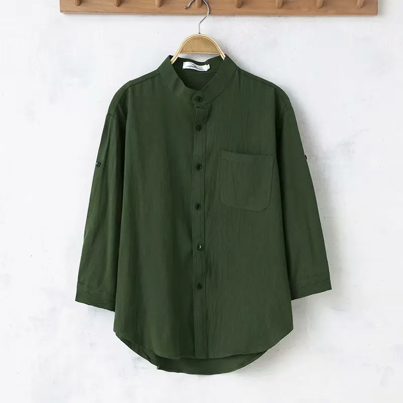 

Loose Fit Cotton Linen irt Men's Summer 2024 Stand Collar Five Sve Large Size Color Faionable Urban Sle irt