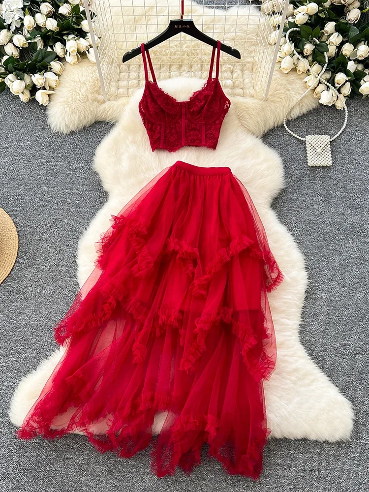 

Women's Red Two Piece Sets Vintage Sleeveless Lace Crop Top with A-Line Mini Skirt Vintage Y2k Skirt Sets Outfit 2000s Clothes