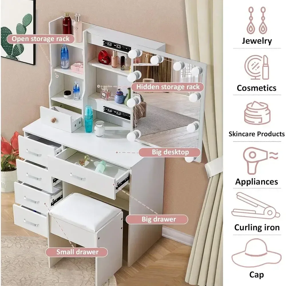 LED-Illuminated Makeup Vanity Desk with Sliding Mirror and Storage Shelves