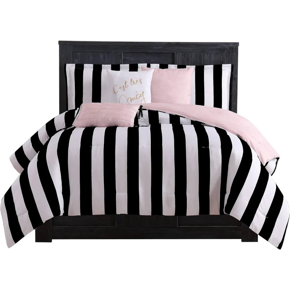 

Cabana Stripe Reversible Bedding Set - Queen Size - Black and White Stripe Print – 6 Piece Set – Includes 1 90 x 9