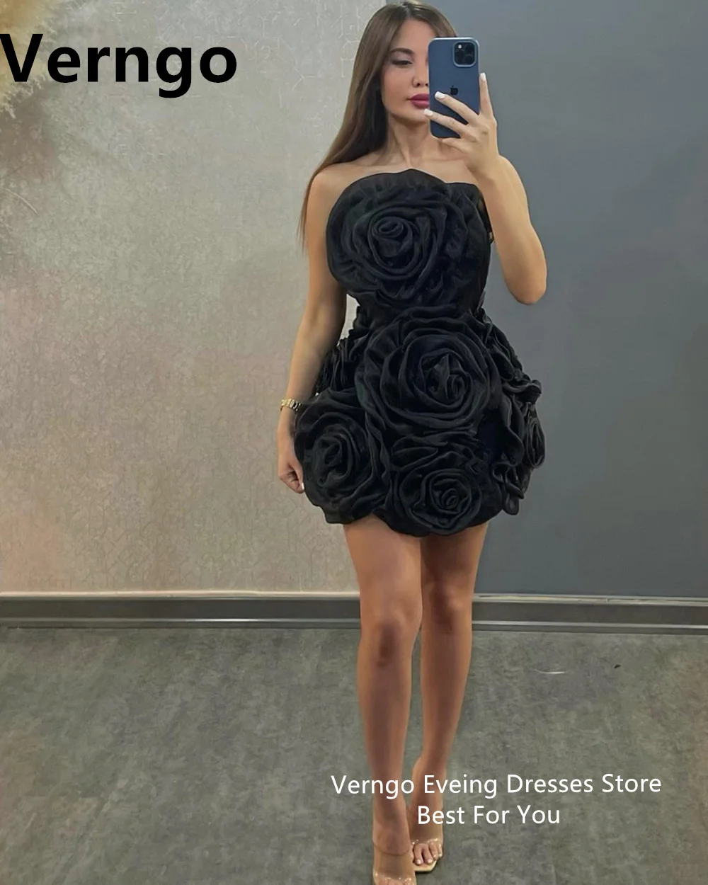 Verngo Black Satin 3D Flowers Party Dress Short Sleeveless Prom Gowns Women Elegant Formal Dress Mini Cocktail Dress Customized