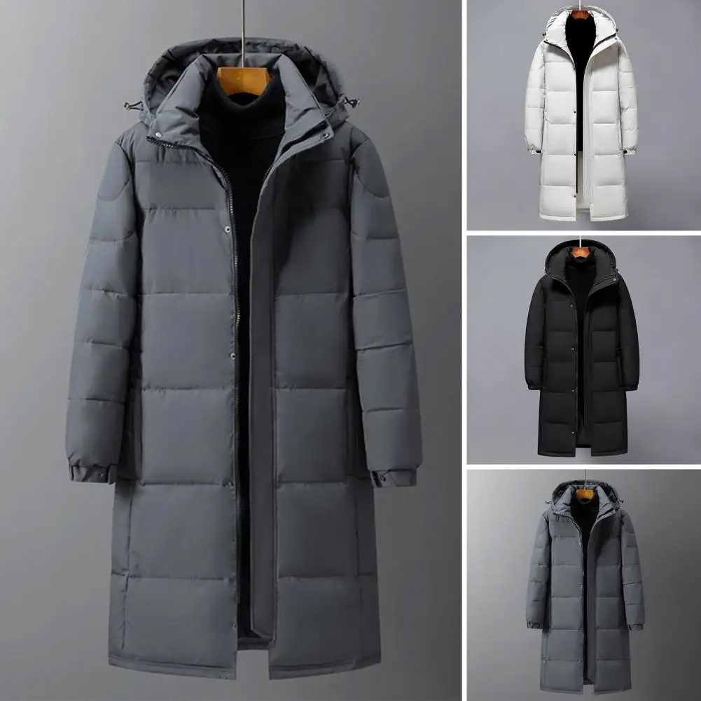 Solid Color Down Jacket Men Women Cotton Jacket Hooded Drawstring Long Sleeve Warm Down Jacket Solid Color Mid-length for Extra