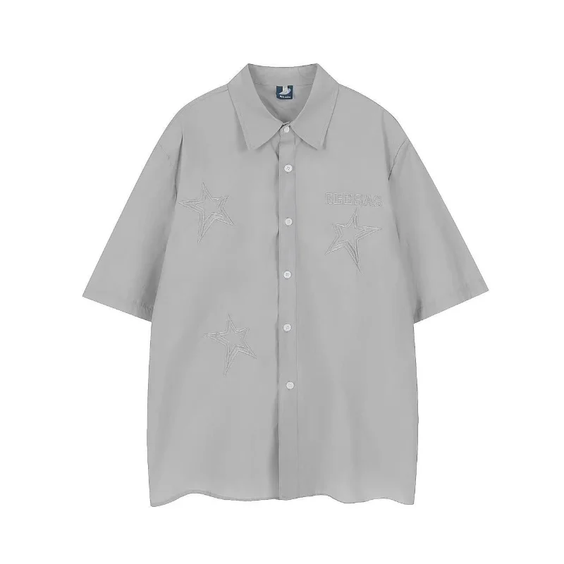 男性用ブラックTシャツ,5点星,オーバーサイズ,丈夫なブラウス,ボタン付き,y2k,ストリートウェア,原宿,カップル,夏