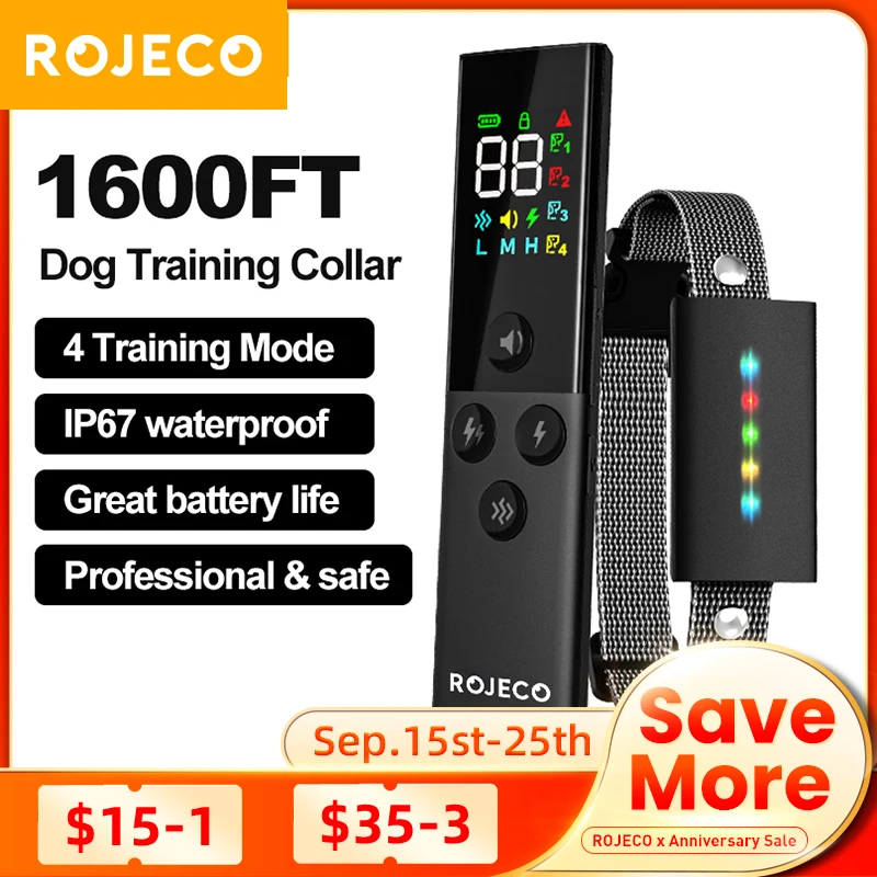 

ROJECO Dog Training Collar with Remote Control 1600FT IP67 Waterproof Electric Dog Collar For Pet Dog Bark Control Stop Collar