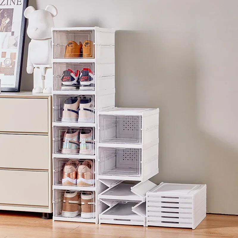 Foldable Integrated Shoe Box Organizer and Storage Boxes Cabinet Transparent Visible Installation Free Rack Home Garden