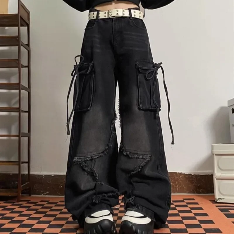 Women's Blue Cargo Jeans,Baggy Vintage Pants, 90s Aesthetic High Waist Cowboy Pants, Harajuku Denim Trousers, Y2k Trashy 2000s C