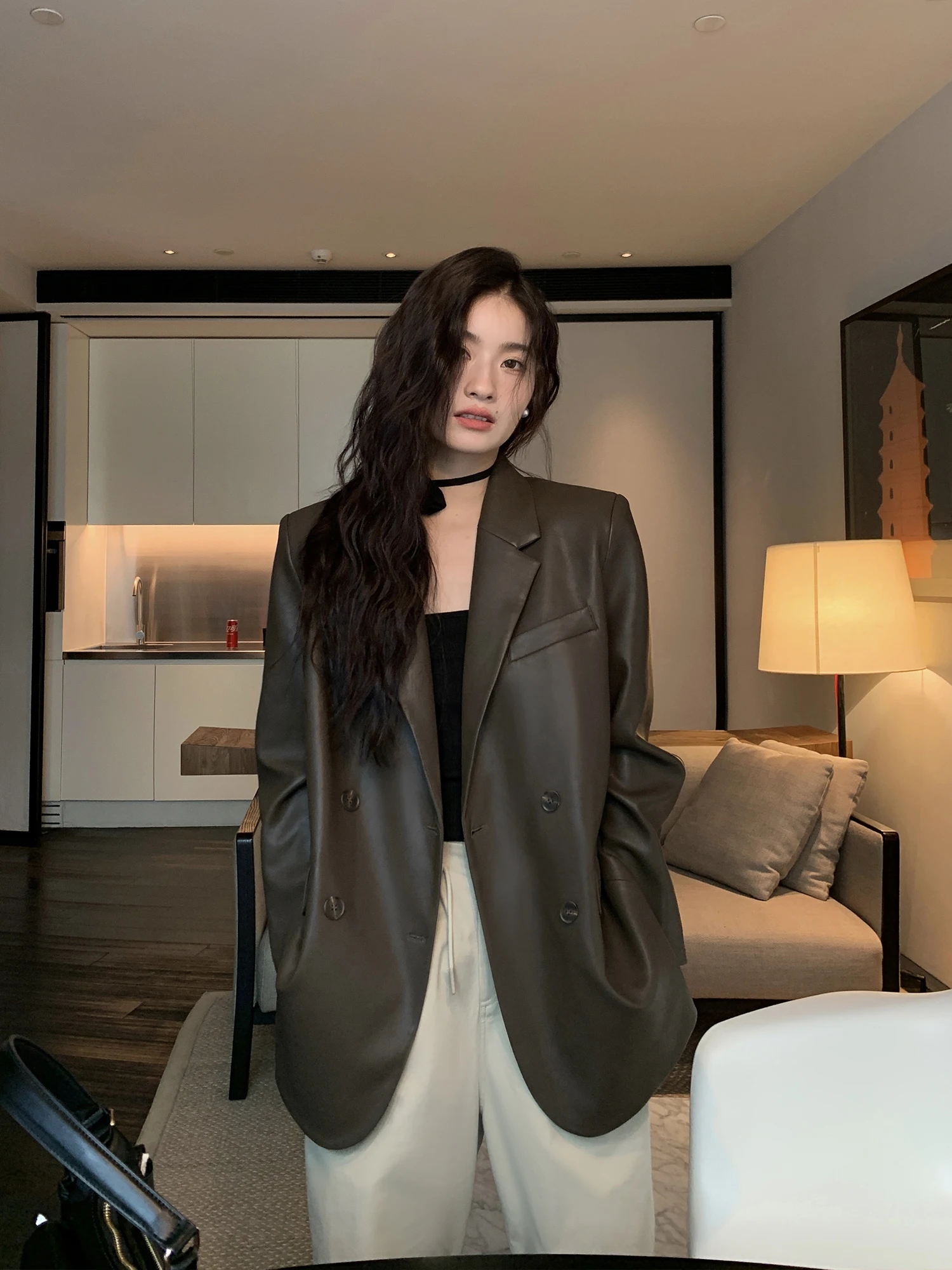 

Pusumede Bla Vintage Leather Jaet Women's Loose Casual Suit Top Street Sle Long Sve PU Leather Faion Spring