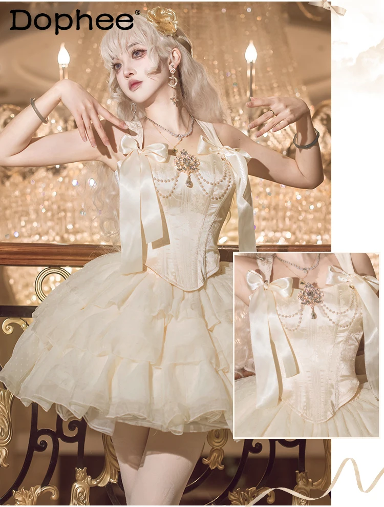 

Polka Dot Jacquard Ballet Tutu Skirts Metal Rhinestones and Necklaces Decorative Fishbone Waist Corset Top and Skirt Sets Women