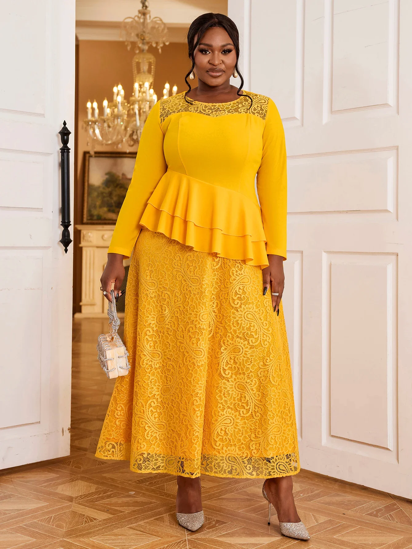 

Autumn Women's Yellow Lace Dress Wedding Evening Dress Long Sleeve A-line Dress African Fashion Slimming Sexy Party Long Dresses