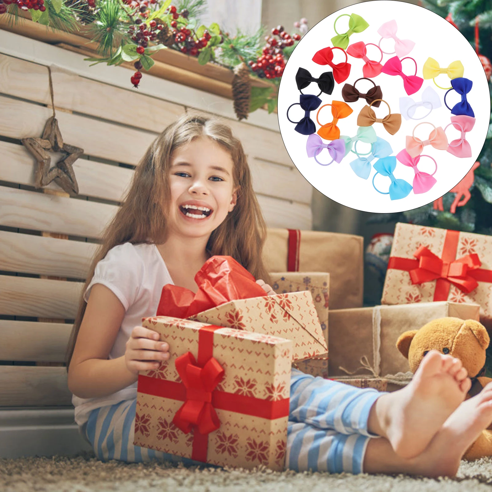 

20pcs Christmas Hair Bows Rings Colorful Ponytail Holders Kids Durable Bowknot Hair Ties Diy Headdress Accessories Festive